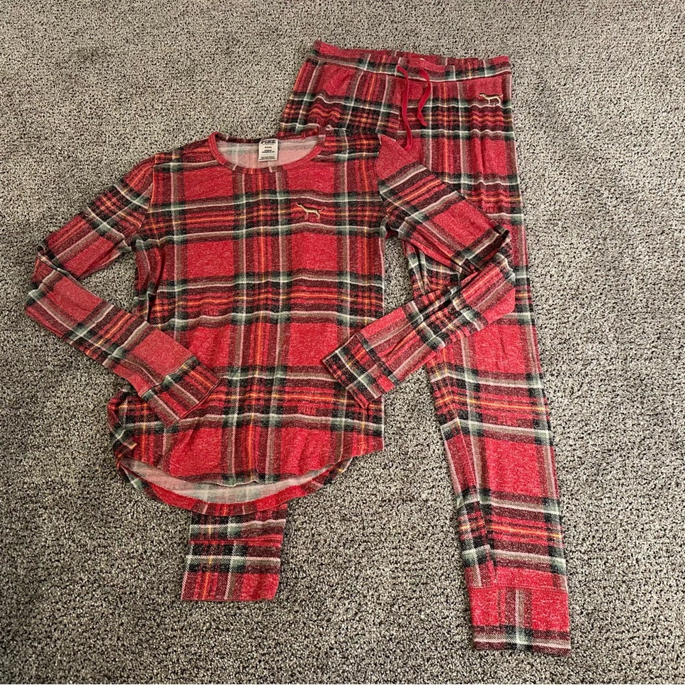 PINK Victorias Secret M Red Plaid Long John Pajama Set R $79 - Picture 9 of 12